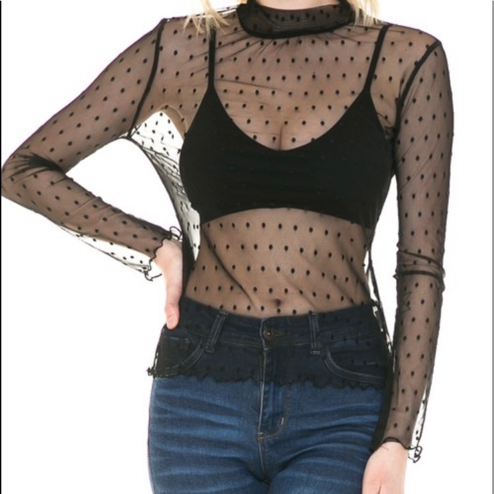 Mesh Polka Dot Layering Top - Black